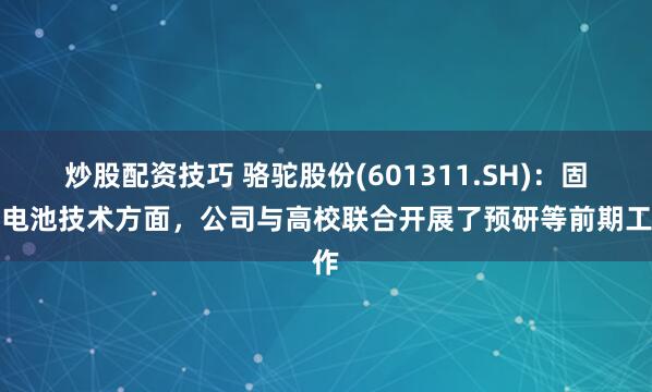 炒股配资技巧 骆驼股份(601311.SH)：固态电池技术方面，公司与高校联合开展了预研等前期工作